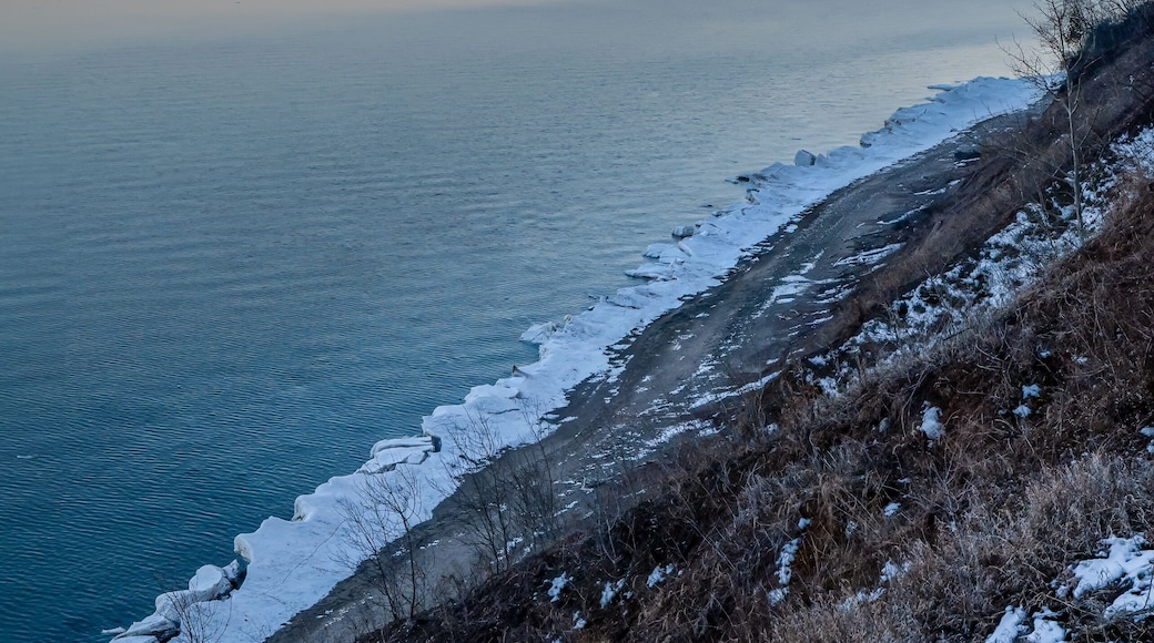 Scenic winter sunset over Lake Michigan at Lion's Den Gorge Nature Preserve in Wisconsin. High bluffs overlook an icy shoreline with a pink and blue twilight horizon.
Spring is coming.