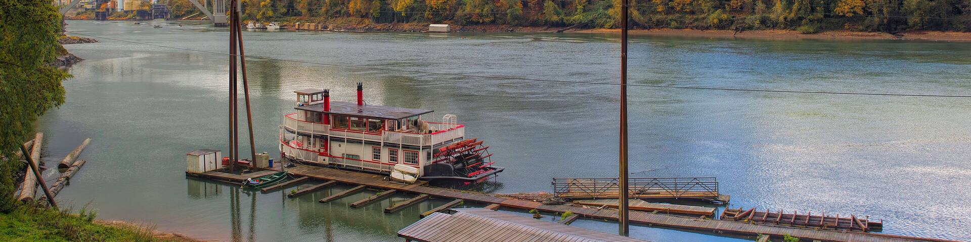 Historic Sternwheeler Docked Along Willamette River in Fall