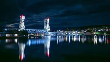The Portage Lake Lift Bridge connects the cities of Hancock and Houghton, was built in 1959.