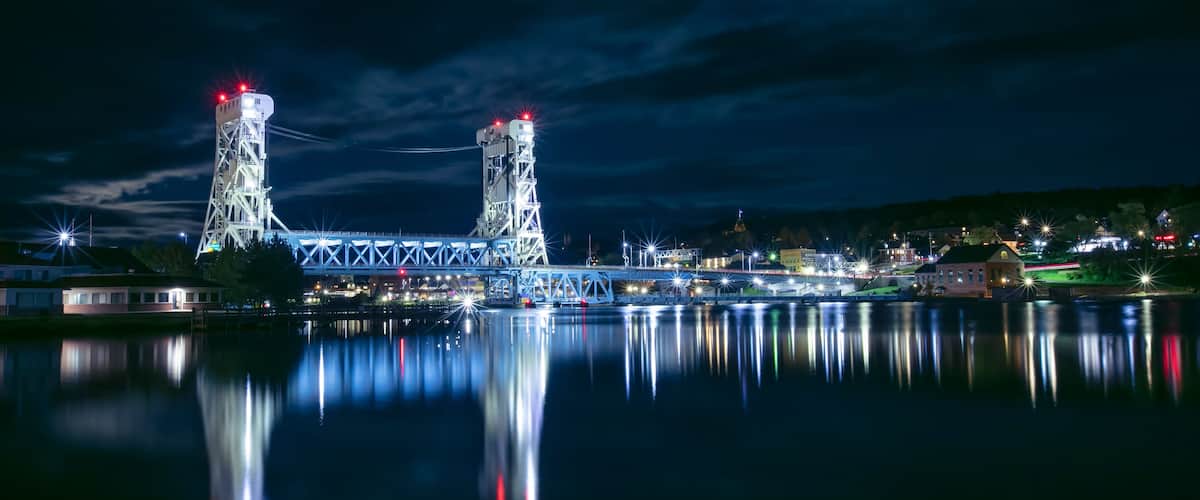 The Portage Lake Lift Bridge connects the cities of Hancock and Houghton, was built in 1959.