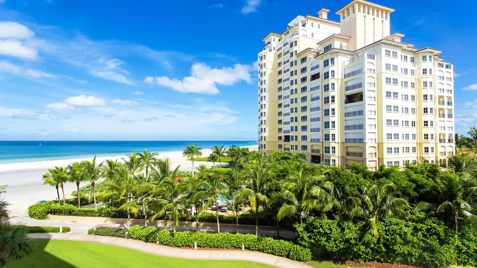 A beachfront hotel with a clear view of the ocean and palm trees.