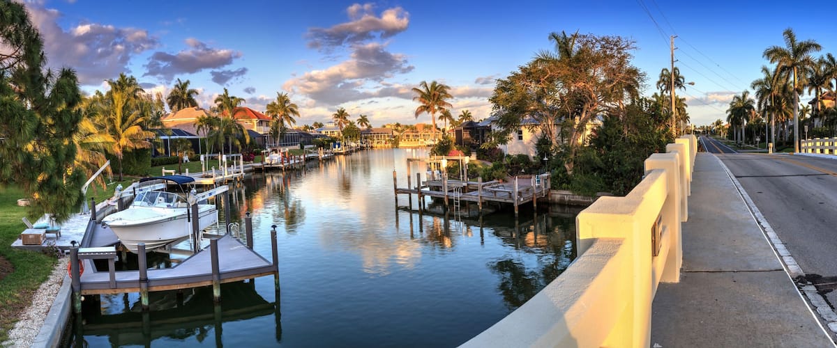 A marina with boats docked, a calm waterway, and palm trees lining the street.