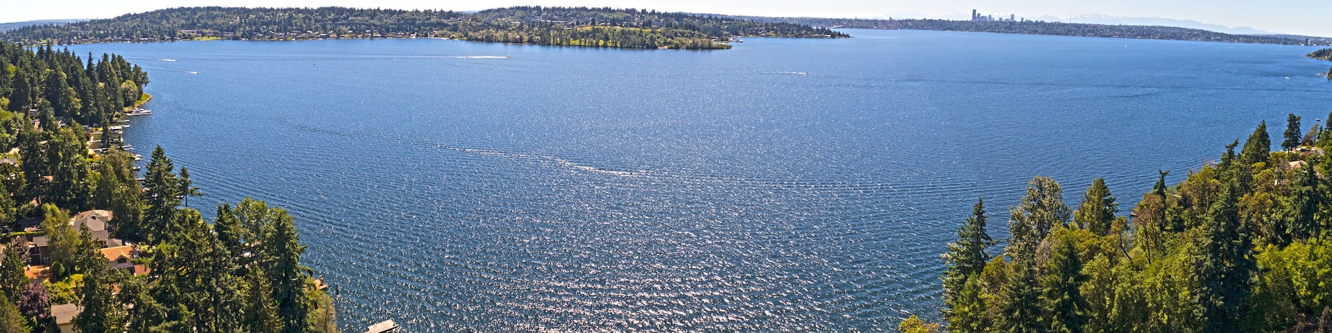 A large body of water surrounded by dense forests and a distant city skyline.