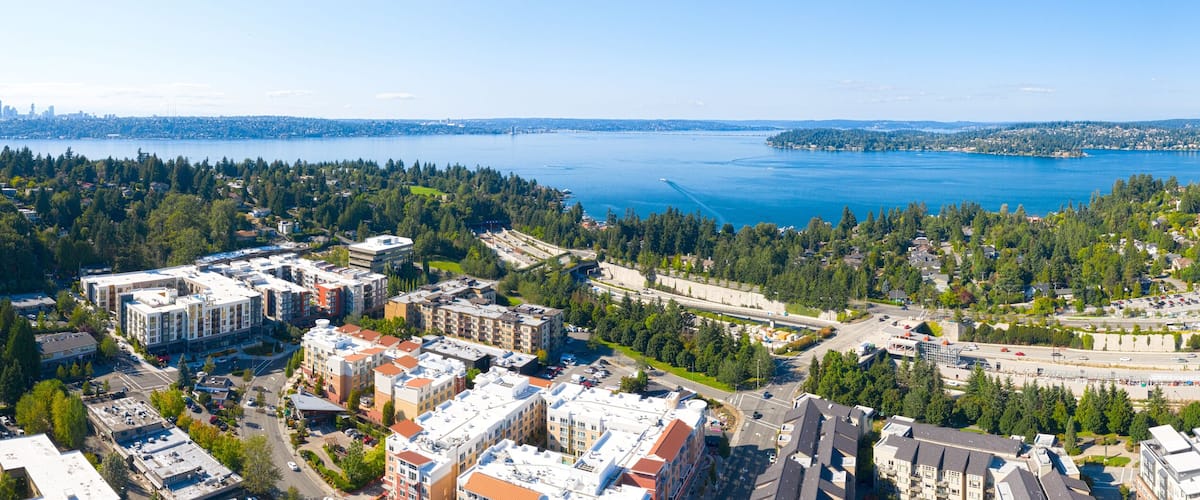 Mercer Island Lake Washington Aerial View Summer Sunny Day Bellevue and Seattle in the Distance