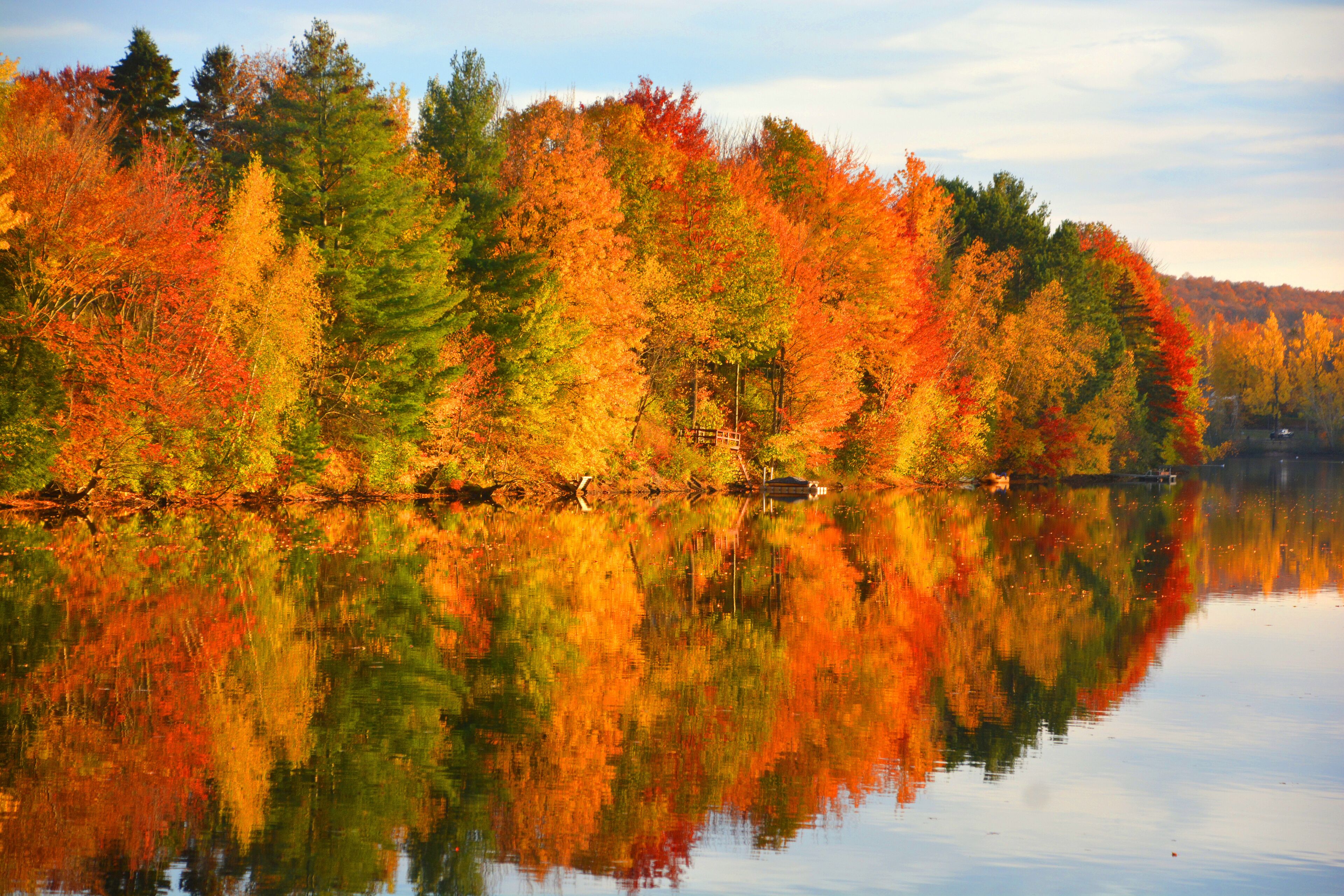 Un lac paisible où se reflètent les arbres d’automne, aux feuilles vertes, jaunes et rouges.