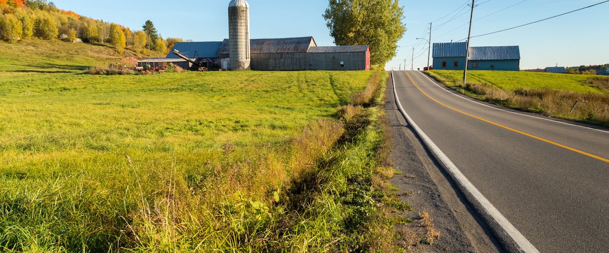 A rural road with a silo, barns, and a clear sky.