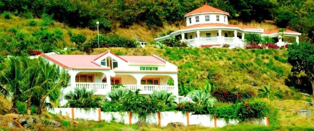 Two large houses on a hillside with lush greenery and a clear sky.