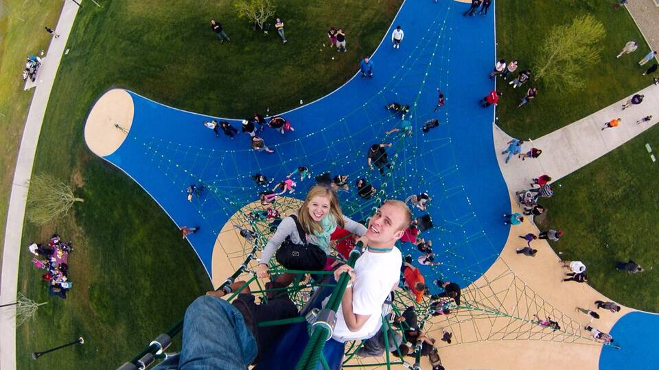 Quite possibly the best park in the country this place has a zip line this huge thing that we're climbing, grills. They have lots of field space and even this really complicated thing where you need strength because you don't want to fall in the water. It's an awesome place after the cubs game.