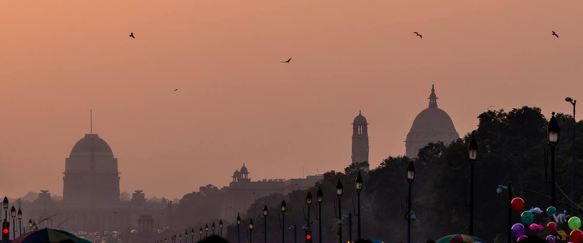 Sunset on the government buildings, New Delhi, India