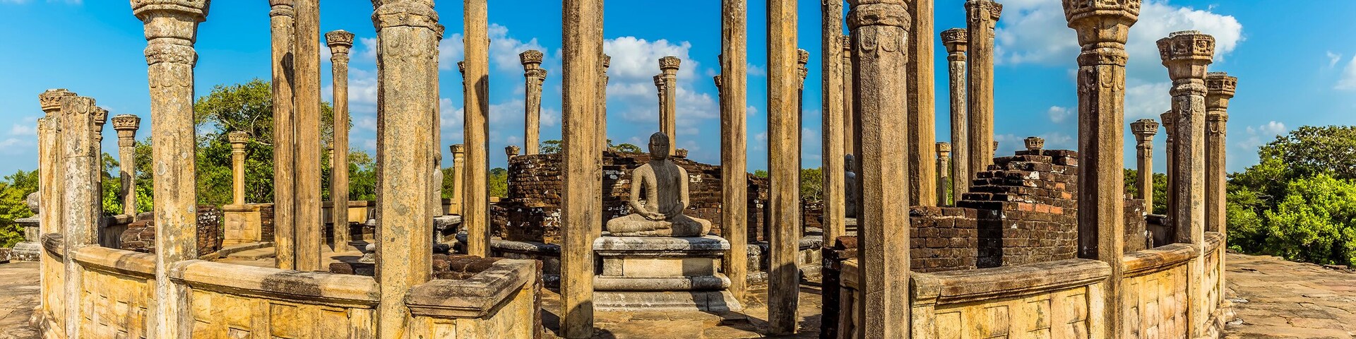 A wide-angle view of the largest of the ancient stupa ruins in the Medirigiriya Vatadage in Sri Lanka