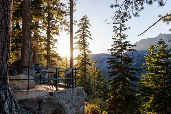 breathtaking view into the forest of emerald bay in Lake Tahoe at sunset, california