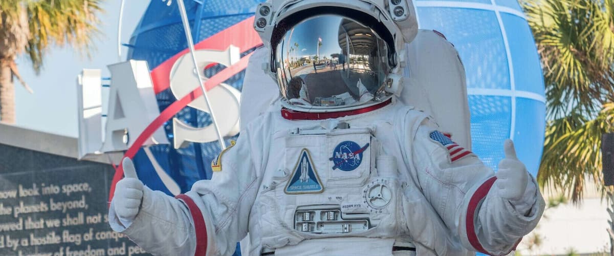 The ultimate greeter costume entering the Kennedy Space Center.