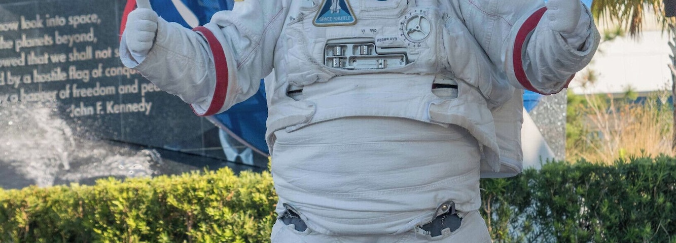 The ultimate greeter costume entering the Kennedy Space Center.