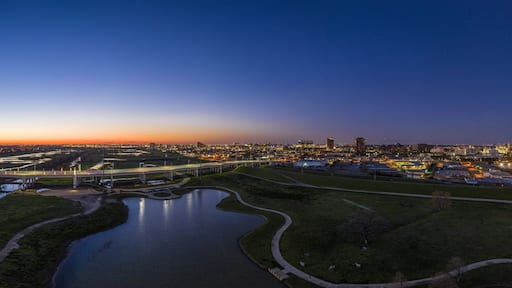 Panoramic aerial drone picture of Dallas skyline and Trammel Crow Park at sunset in winter