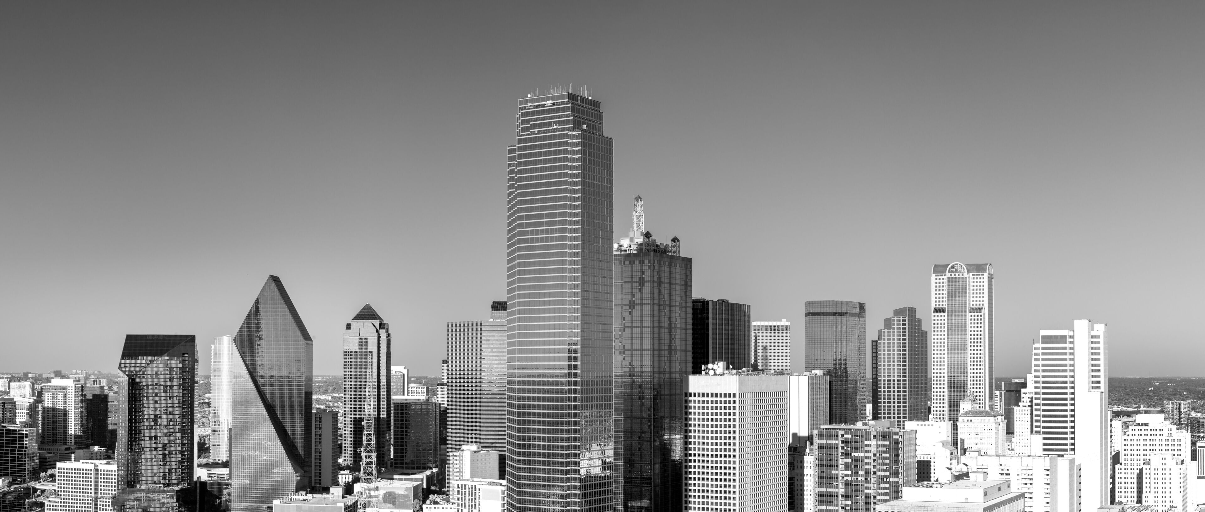 skyline in late afternoon in Dallas in black and white, Texas, USA