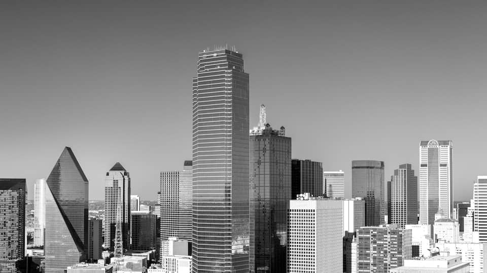 skyline in late afternoon in Dallas in black and white, Texas, USA