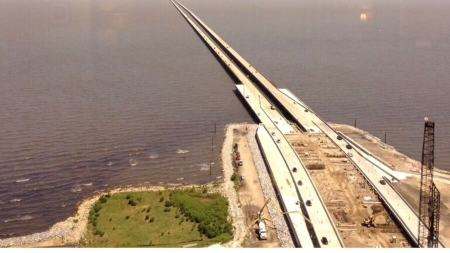 A great view of the Causeway Bridge in New Orleans from the 27th Floor of Lakeway Tower 3. At 24 miles long, its the longest continuous bridge in the world.