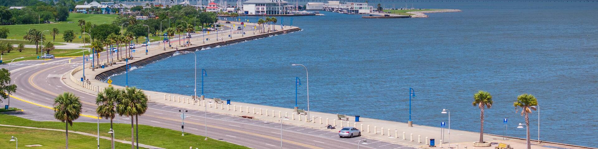 A coastal cityscape with a curved waterfront promenade, palm trees, and a distant bridge.