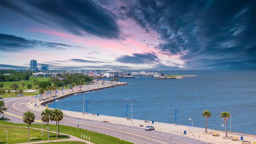 Un paisaje urbano costero con un paseo marítimo curvo, palmeras y un puente distante.