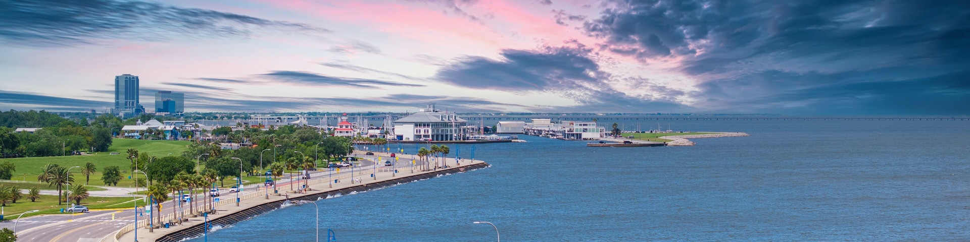 Un paisaje urbano costero con un paseo marítimo curvo, palmeras y un puente distante.