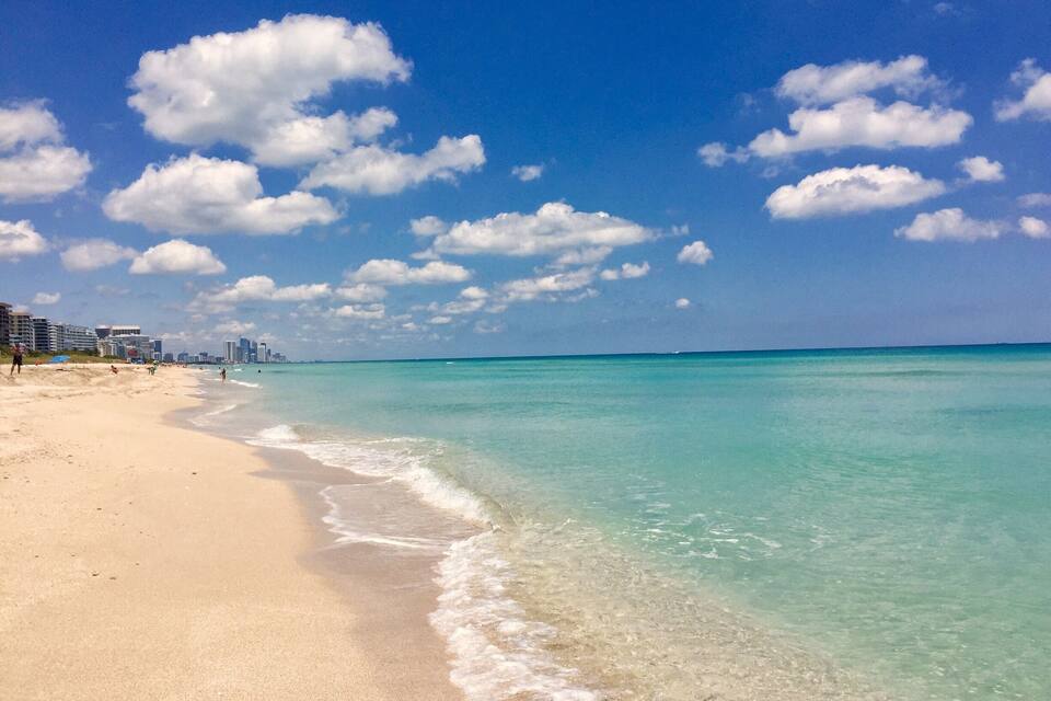 A beach with clear turquoise waters, a sandy shore, and a city skyline in the background.
