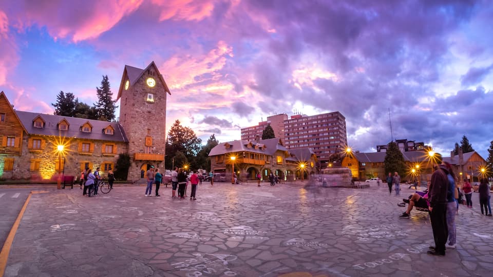 Civic Center (Centro Civico) and main square in downtown Bariloche at sunset - Bariloche, Patagonia, Argentina