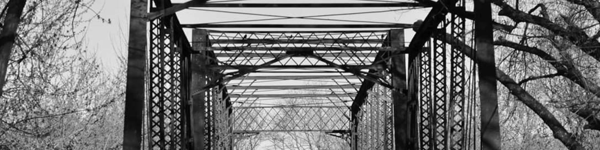 A metal bridge with a wooden walkway, surrounded by trees.