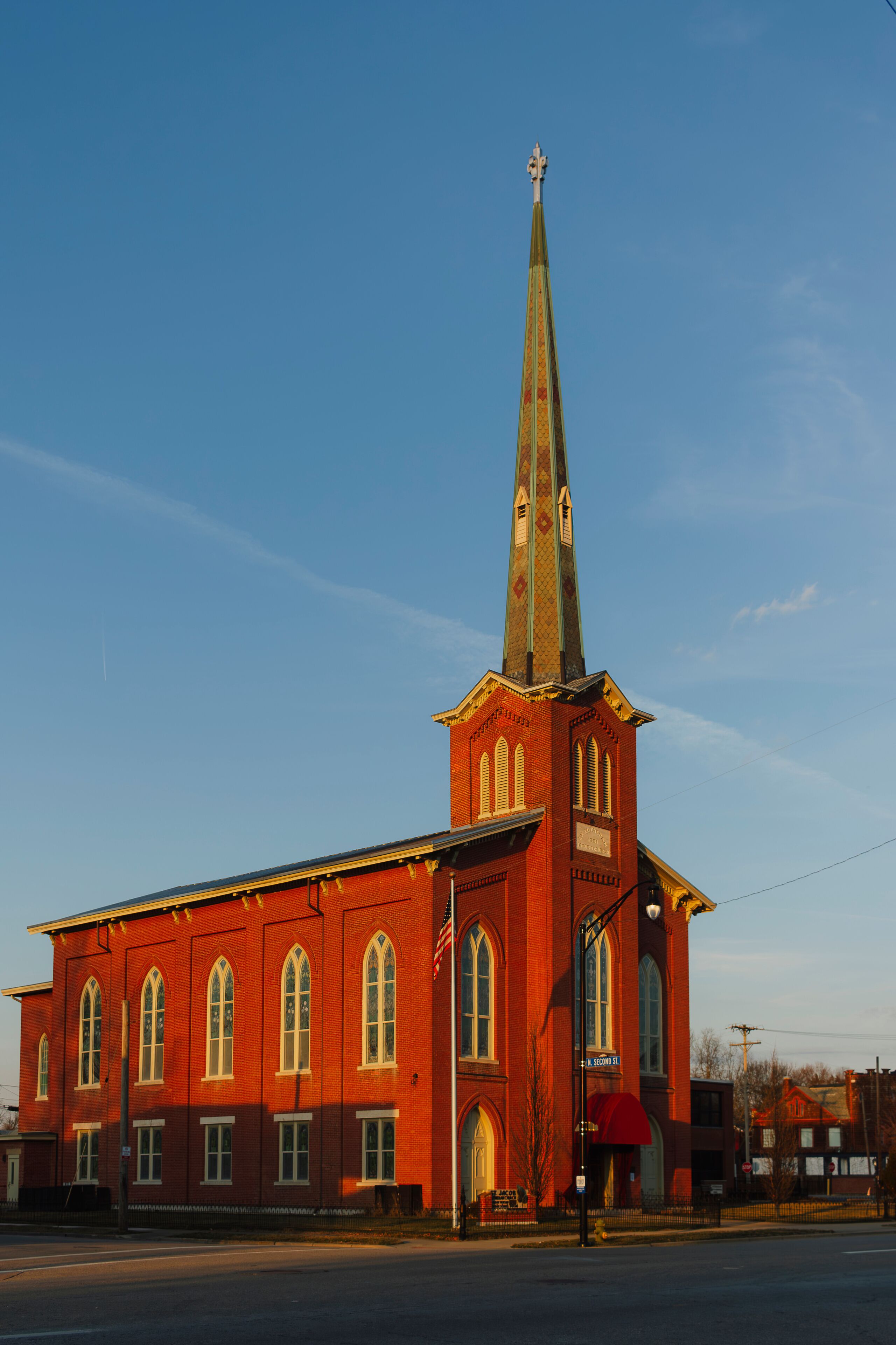 beautiful St Joseph church at sunset in downtown Miamisburg Ohio 