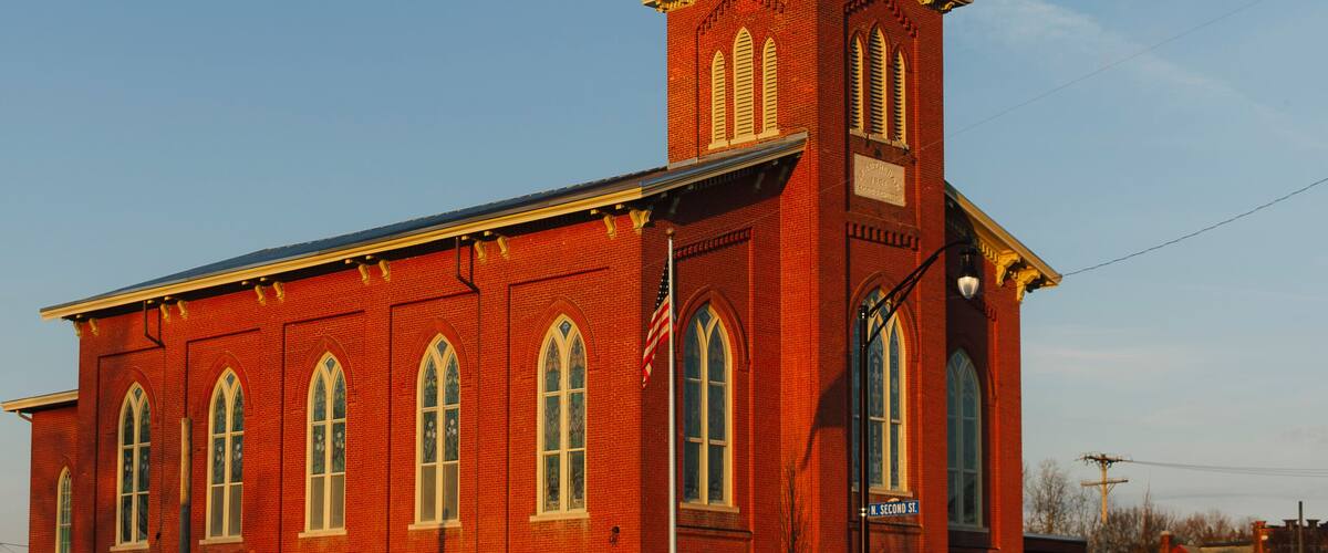 beautiful St Joseph church at sunset in downtown Miamisburg Ohio