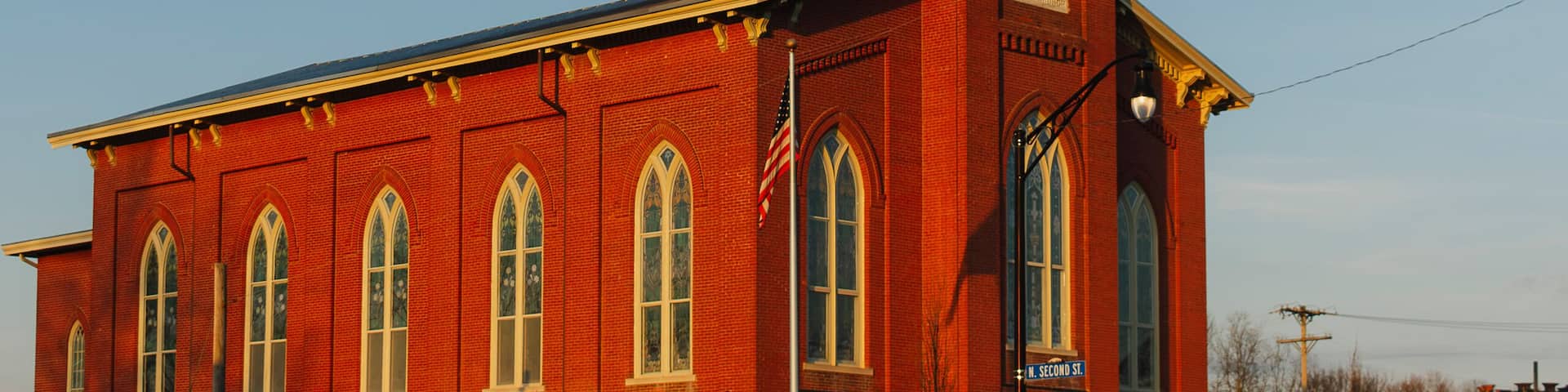 beautiful St Joseph church at sunset in downtown Miamisburg Ohio
