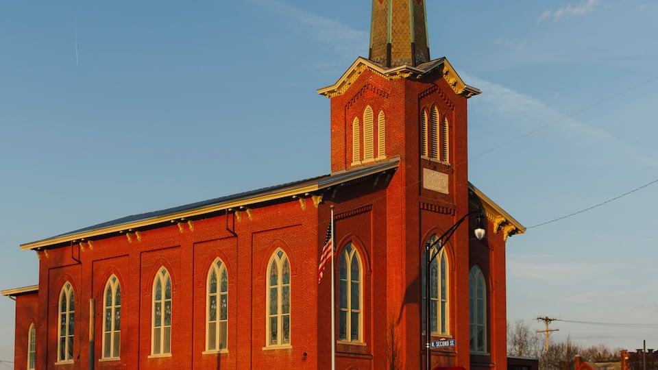 beautiful St Joseph church at sunset in downtown Miamisburg Ohio