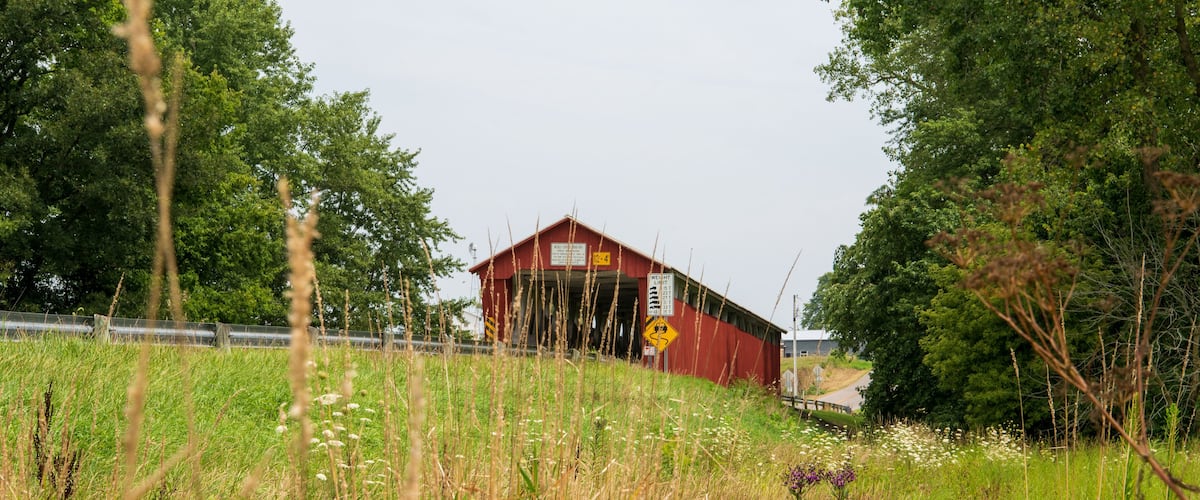 A red barn with a weight limit sign, surrounded by lush greenery and wildflowers.