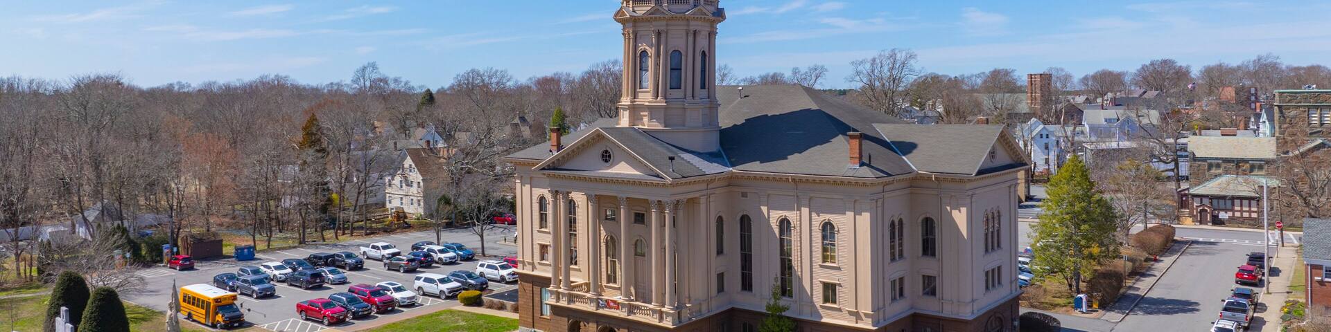 Town Hall aerial view at 10 Nickerson Avenue in historic town center of Middleboro, Massachusetts MA, USA.