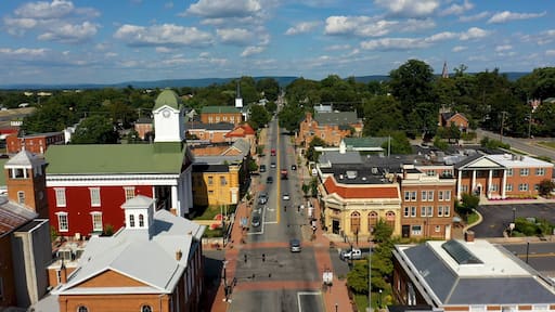 Low aerial view of main street usa, Charles Town, West Virginia, WV on a beautiful sunny day.