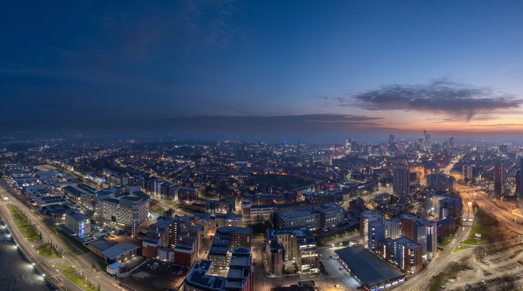 Aerial Panoramic View of Leeds City Centre During Golden Hour