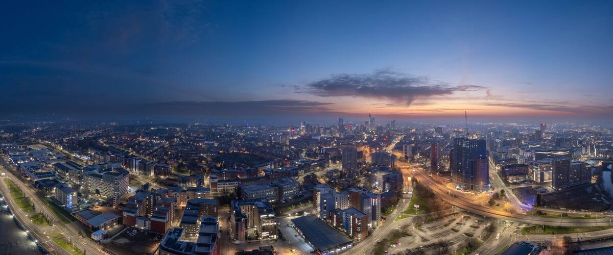 Aerial Panoramic View of Leeds City Centre During Golden Hour