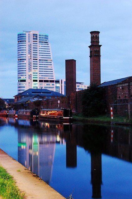 Tower works/Bridgewater place Evening view from the Leeds-Liverpool canal near Leeds city station.