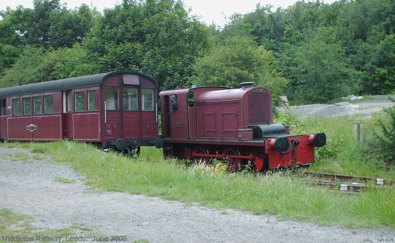 Middlton Railway, Leeds, England. Diesel-mechanical locomotive "Mary" running around its train at Park Halt. Built in 1932 by Hudswell Clarke & Co of Leeds.