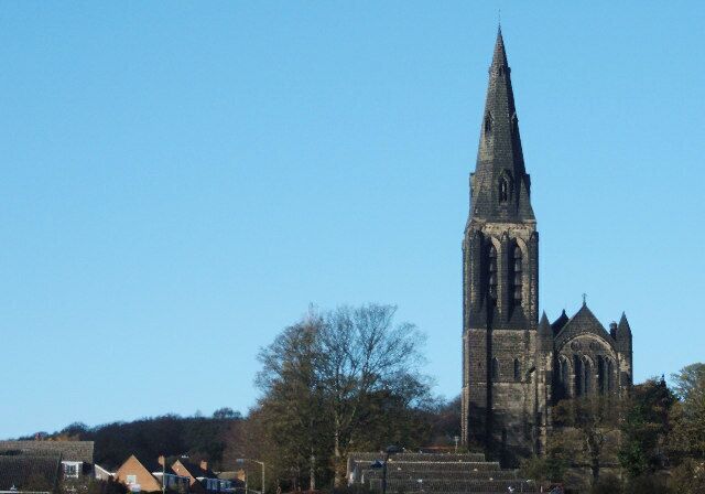 St Margaret's parish church, Horsforth, West Yorkshire, seen the back of Morrison's supermarket