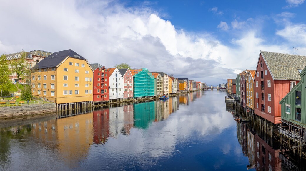 Norway, scenic Trondheim town. Bakklandet, a famous tourist travel destination with colorful houses.