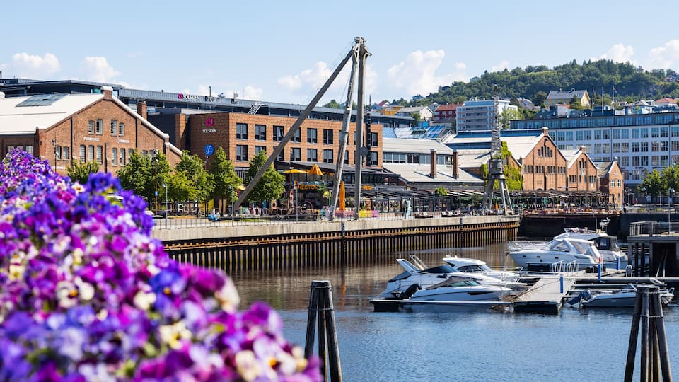 Trondheim in Norway, old harbor district with restaurants and chilling areas