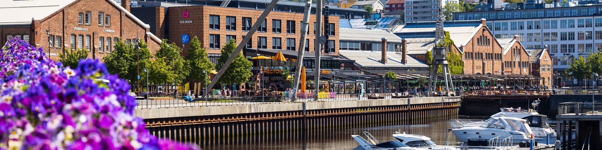 Trondheim in Norway, old harbor district with restaurants and chilling areas