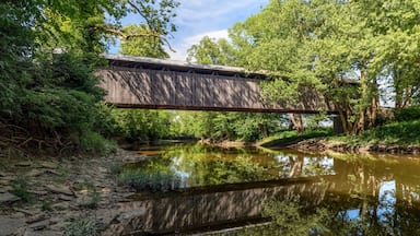 Displaying a beautiful reflection in the East Fork of the Little Miami River, historic McCafferty Road Covered Bridge was built in 1877 in rural Brown County, Ohio.