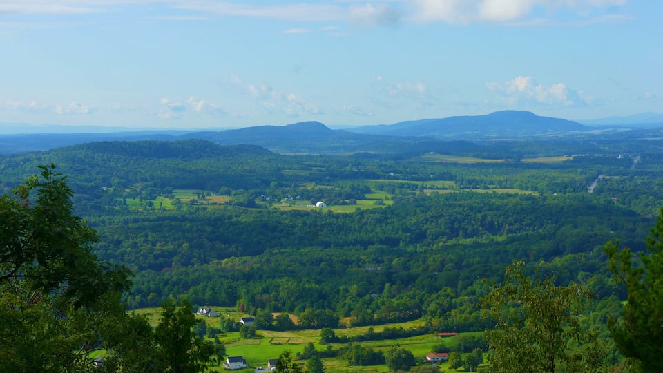 A lush green valley with rolling hills and scattered houses.