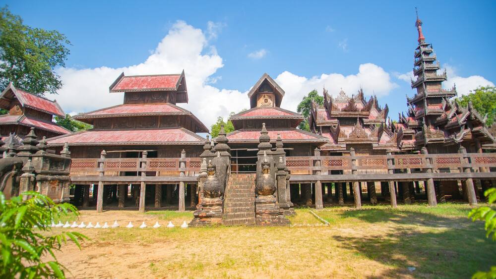 Yokesone Monastery historic wooden Buddhist monastery in Sale, Magwe Region, Myanmar.