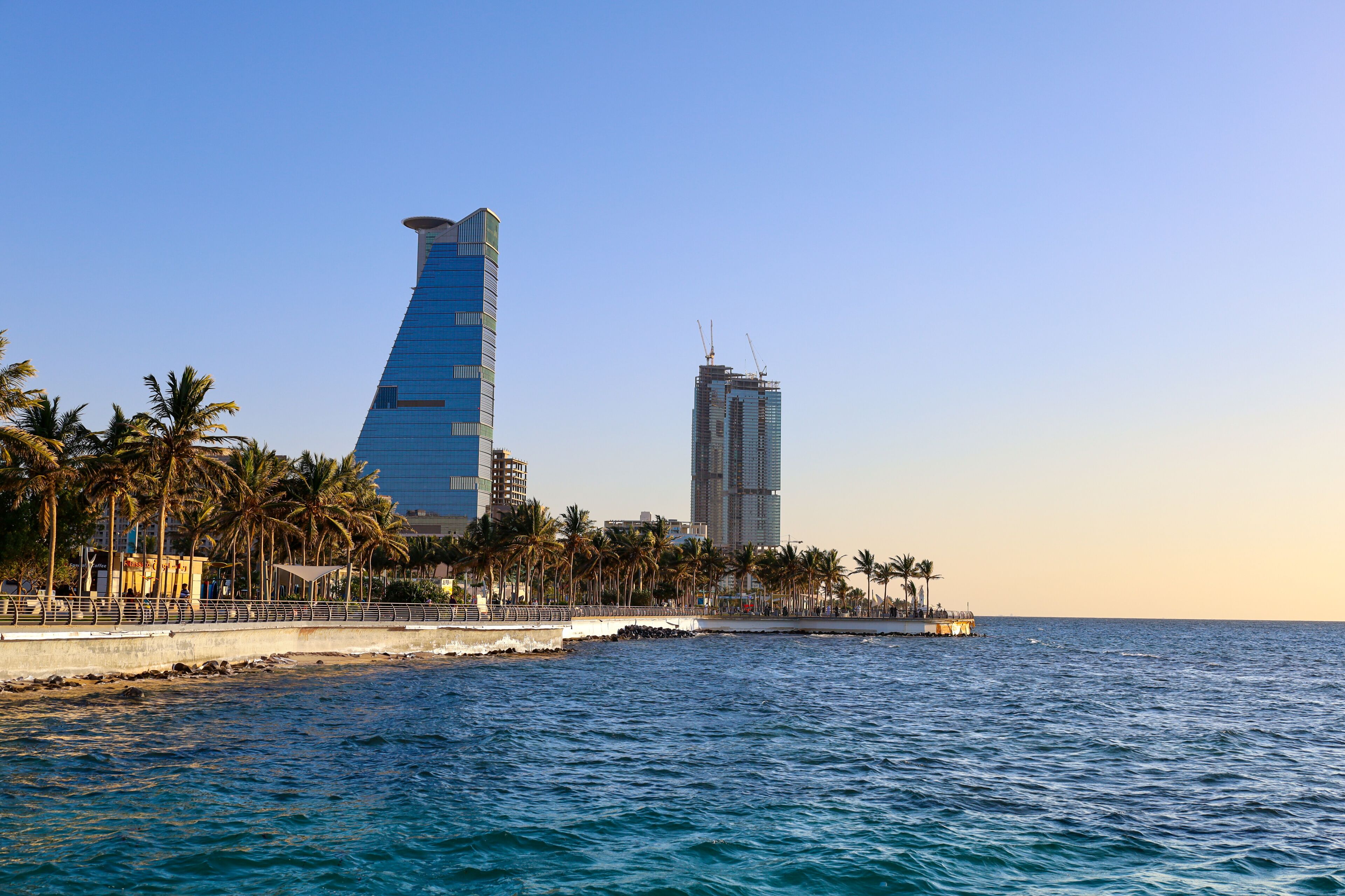 Modern skyscraper and luxury skyline on Jeddah waterfront corniche at sunset, Red Sea coast, Saudi Arabia