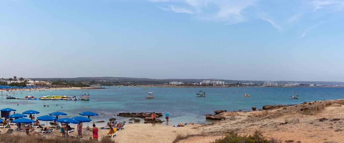 Ayia Napa, Cyprus - September 08, 2019: Wide panorama of Makronissos Beach