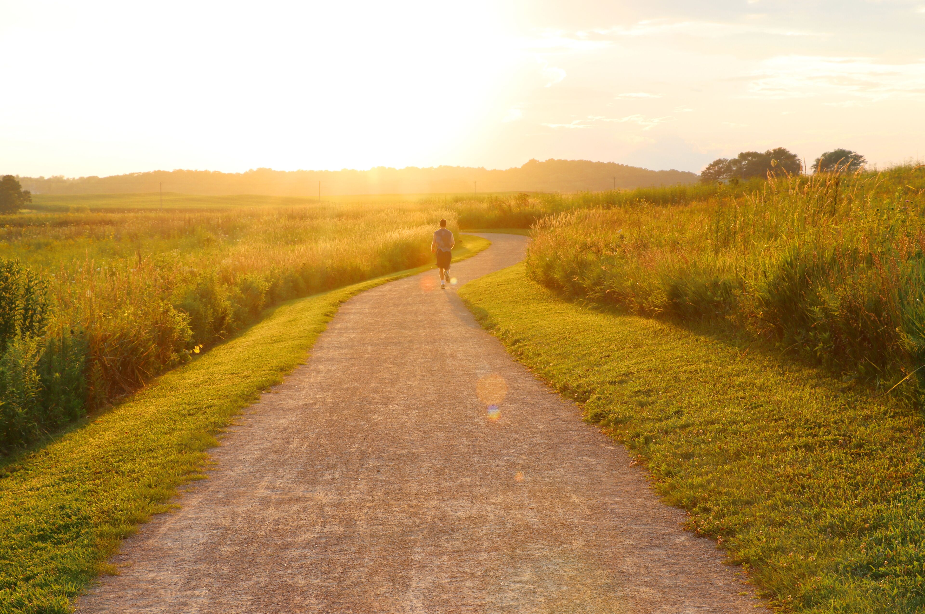Countryside view with jogger on the road between grass fields. Rural summer evening landscape with runner man on the road in sunlight during sunset.Healthy lifestyle concept. Summer nature background.