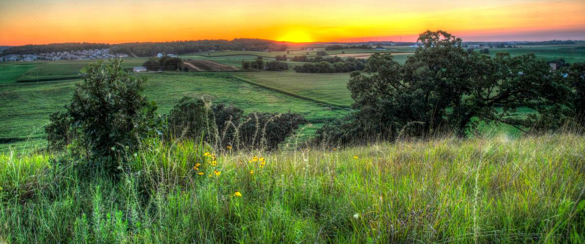 A sunset over a rural landscape with fields and trees.