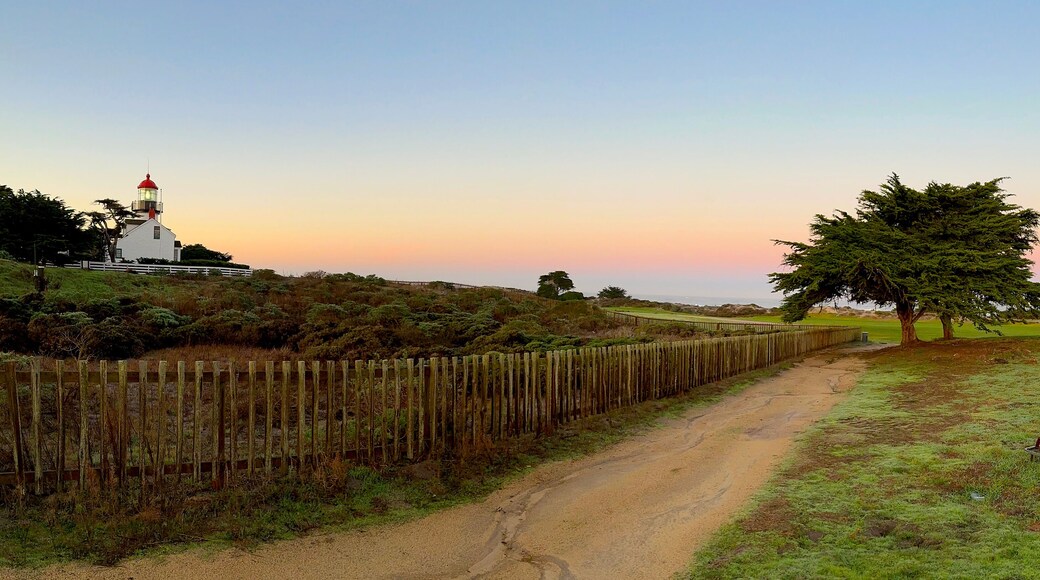 Lighthouse Trail at Twilight with Full Moon and Cypress Tree, Pacific Grove Golf Links on the Right, Monterey Bay, California. Point Pinos Lighthouse.